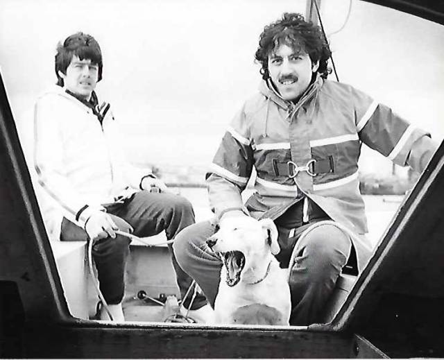 Alistair, (right) Arthur Rumball and Bobo the Dog from the early days of the INSS sailing a Sherrif Day Sailor in Dun Laoghaire Harbour