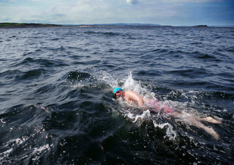 Land ahoy as Dominic Mudge swims the final stretch to the Giant’s Causeway last Sunday 9 August