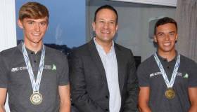 Seán Waddilove (right) with Taoiseach Leo Varadkar and 49erFX partner Robert Dickson at Howth Yacht Club in December