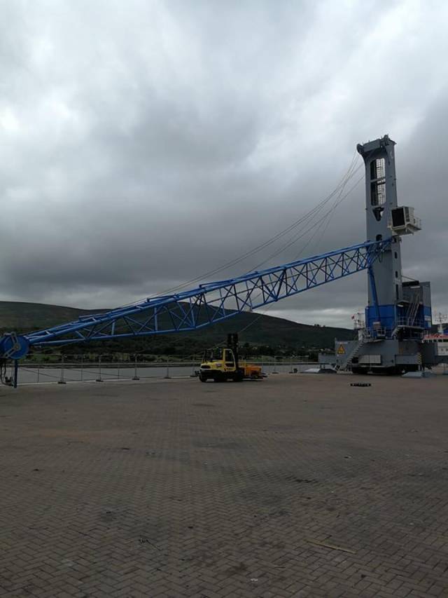 The new £3m crane after unloading at Warrenpoint Port last month. Work on assembling is to take several weeks before commissioning into service which is scheduled in September.