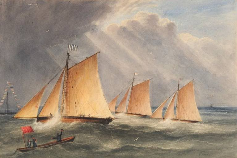 A brisk breeze for the finish of the &quot;Belfast Regatta&quot; of 1829 – the full title reads: &quot;Race Won 19 June 1829, at the Belfast Regatta&#039;, by the &#039;Ariel, John McCracken Esq., against the &#039;Crusader, Sir Stephen May, and the &#039;Zoe&#039;, Marquis (sic) of Donegall&quot;. From a painting by Andrew Nicholl, Ulster Museum 
