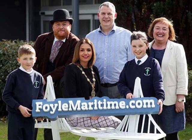 Mayor of Derry City and Strabane District Council, Cllr Elisha McCallion pictured with Paul Kilpatrick, organisation manager with Dupont, Margaret Edwards, Education Officer with Derry City and Strabane District Council, and Alex Bradley and Bradan Edwards, from Good Shepherd PS, along with Robert Forshaw from Footsteps Historical Interpretation dressed as famous 19th century Derry shipbuilder Captain William Coppin, at the launch of the DuPont Float your Boat competition that will be taking place in the run up to the forthcoming Foyle Maritime Festival in July when the Clipper Round the World Race fleet will arrive in Derry for a homecoming celebration of events.