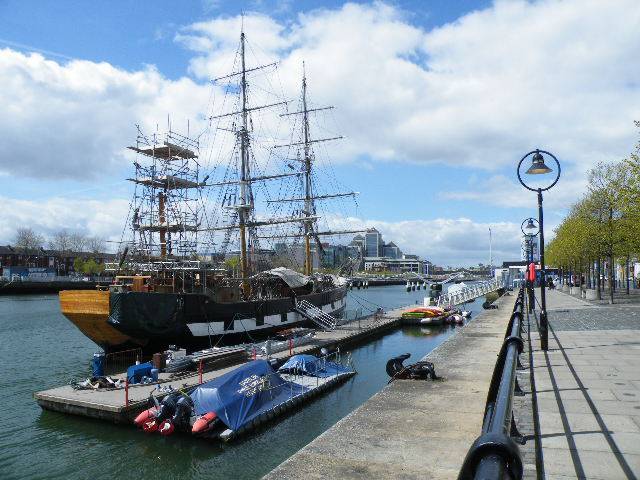 Jeanie Johnston seen undergoing repairs, notably at the stern and aft-mast while berthed at her current berth along Dublin's Custom House Quay.