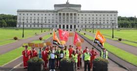 Harland &amp; Wollf workers protest in front of Parliament Buildings, Stormont during the visit of UK Prime Minister Boris Johnson. 