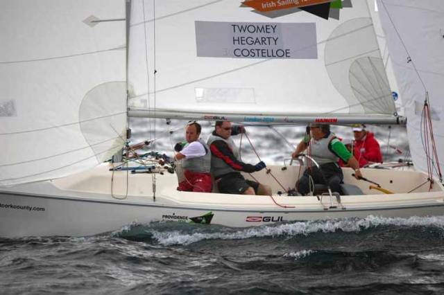 John Twomey and his crew competing in the Sonar Paralympic class in Kinsale