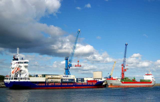 Geest Externo and Amanda berthed downriver on the Boyne at Drogheda Port's largest facility, Tom Roes Point Terminal