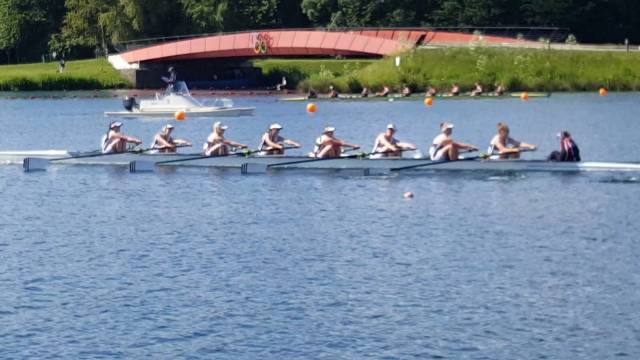NUIG's women's senior eight in action at Dorney Lake at the weekend. 