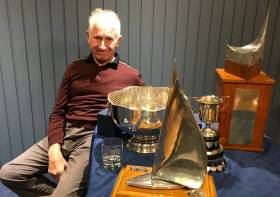 Maurice Adams with his trophy haul, including (far right) the Gingles family trophy