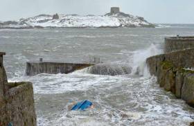 A scene from Coliemore Harbour on Dublin Bay during Storm Emma