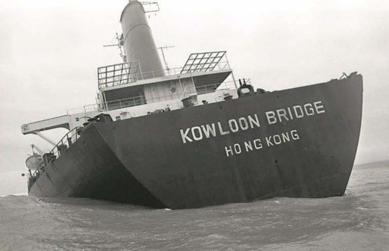 Kowloon Bridge: Her cargo of 160,000 tonnes of iron ore pellets, said to have been insured for stg£2.7m., still lies on the seabed.