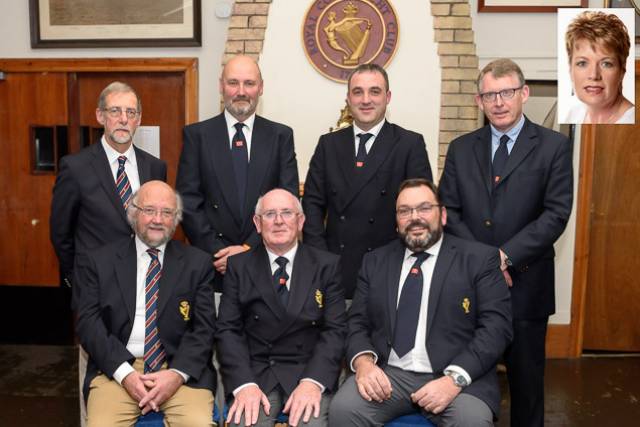 Royal Cork Yacht Club Flag Officers elected – Front row L to R Pat Harte Treasurer/Secretary, Captain Pat Farnan Admiral, Colin Morehead, Vice Admiral. Back Row. Simon Brewitt Chairman of the Marina and Facilities Committee, Mike Rider Rear Admiral Cruising, Kieran O'Connell Rear Admiral Keelboats, Brian Jones Rear Admiral Dinghies. Inset Annamarie Fegan Bar Catering House and Communications