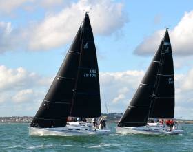 A perfect sailing day – the J/109 Outrajeous (Richard Colwell &amp; Johnny Murphy) showing ahead of National Championship runner-up Storm (Pat Kelly) early in Saturday’s racing at Howth, but overall Storm now holds the lead
