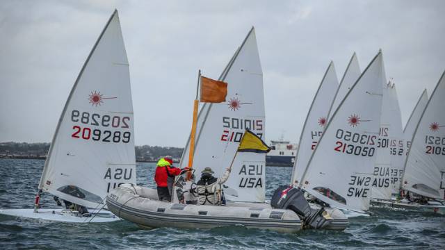 Lasers face a general recall of a race start at the World Championships on Dublin Bay
