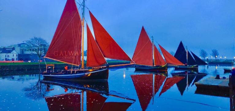 Traditional boats at this time of the year when tradition takes centre stage. Galway hookers moored in the Claddagh Basin across the River Corrib from the famous Spanish Arch are (left to right) the Naomh Cronan, the Manuela, and the Croi an Cladaigh