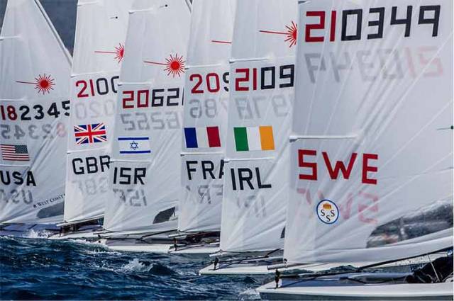 Liam Glynn files out of a Start line in Palma today. The Ballyholme youth lies 33rd in his 134–boat fleet