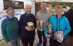 Top of the fleet at the Scottish Wayfarer Championship were (left to right) Margaret &amp; Bob Sparkes (Loch Lomond SC) with Neil McSherry (National YC) and multiple champion Monica Schaefer (Greystones SC).