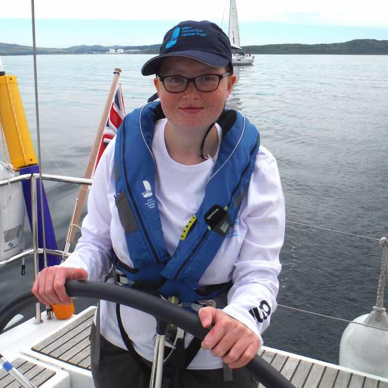 Alysia Rea at the helm during her Ellen MacArthur Cancer Trust trip