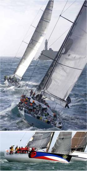 (Top) That eternal Fastnet mystique – George David’s Rambler 90 and Mike Slade Leopard 100 leading on the water and closing in the on the rock in the Rolex Fastnet Race 2007……. yet in that race ten years ago, ((above) the overall winner was to emerge from further back in the fleet, in the form of Ger O’Rourke’s Cookson 50 Chieftain from Kilrush – seen here beating down the Solent shortly after the start