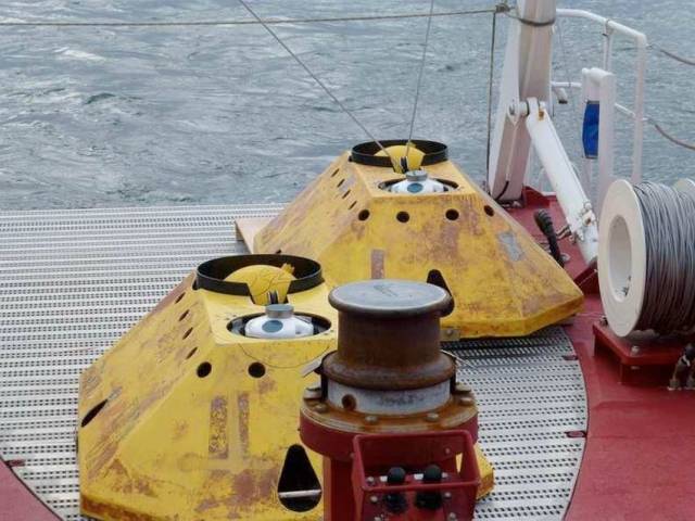The seabed frame with ADCP and recovery buoy inside the frame