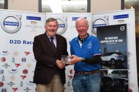 Dun Laoghaire Dingle overall winner Paul O&#039;Higgins (right), skipper of the defending champion yacht JPK10.80 Rockabill VI from the Royal Irish Yacht Club is presented with the The Volvo D2D Race Trophy by Billy Naughton of Volvo (Billy Naughton Motors) Tralee. Scroll down for photo gallery 
