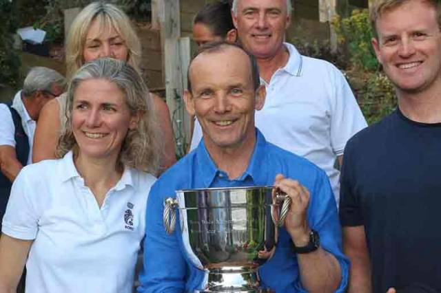 Howth's Laura Dillon (left) with Grant Gordon with the Trevor Wade Trophy on day two of the Dragon Edinburgh Cup at Torbay