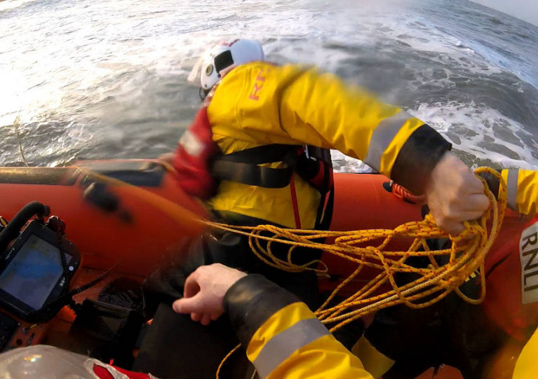 Skerries RNLI recovering a lifebuoy from the water during a search for potentially missing swimmers off Balbriggan on Wednesday evening 21 April