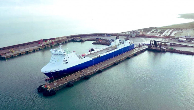 Shipping line Stena brings forward Brexit plans to double capacity on Rosslare-Cherbourg route. Above the ro-ro freight-only ferry Stena Foreteller seen carrying out recent berthing trials at the Wexford ferryport 