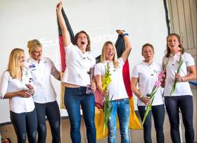 Dun Laoghaire&#039;s Saskia Tidey sailing for Team GB (second from left) took a podium finish at the 49erFX Euro Championships