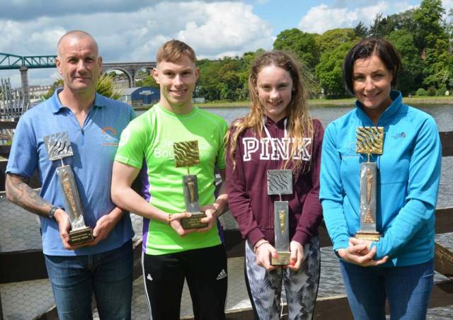This year’s Boyne Swim category winners: Husband-and-wife Tom Healy and Rachael Lee flank juniors Sean Black and Aoife Doran