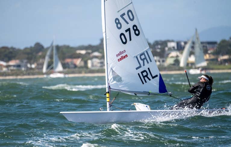 Annalise Murphy sailing in strong breeze at the Radial Worlds in Melbourne