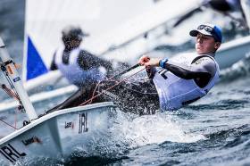 Royal Cork&#039;s Johnny Durcan competing in Auckland. The RCYC sailor had a fourth in race four in his 57–boat fleet