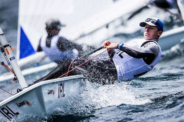 Royal Cork's Johnny Durcan competing in Auckland. The RCYC sailor had a fourth in race four in his 57–boat fleet