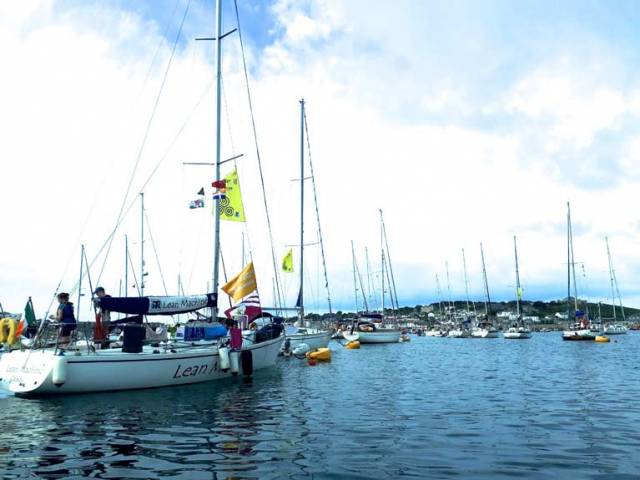  They’re on their way – the Galway-Lorient fleet in Hughtown on St Mary’s in the Isles of Scilly on Wednesday, with Cormac Mac Donncha’s J/35 Lean Machine on left. This evening (Saturday) they’ll be formally received in the Breton port of Lorient, which is twinned with Galway.