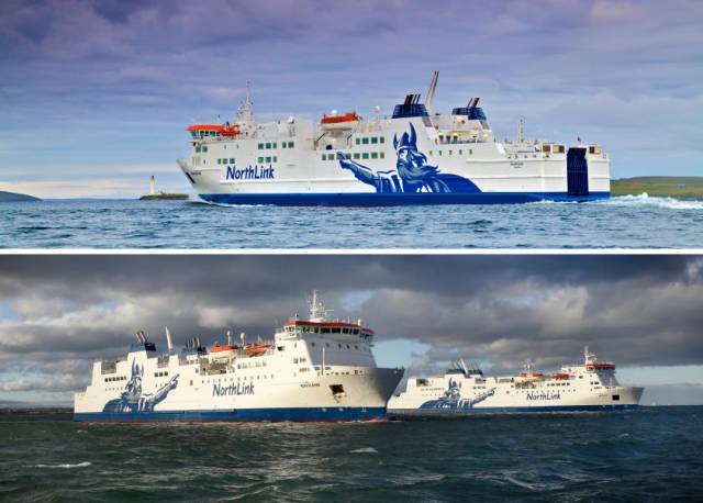 The trio of ferries that CMAL are involved in a deal with the Northern Isles service operated by NorthLink's network of routes between Scotland, Orkney and the Shetland Isles in the North Sea.  In the top photo is MV Hamnavoe: Scrabster-Stromness (Orkney) and below larger half-sisters MV Hjaltland and MV Hrossey that serve the main longer Aberdeen-Orkney-Shetland routes.