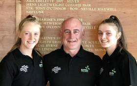Ciara Browne and Ciara Moynihan of the Ireland Junior Double with coach Ray Morrison