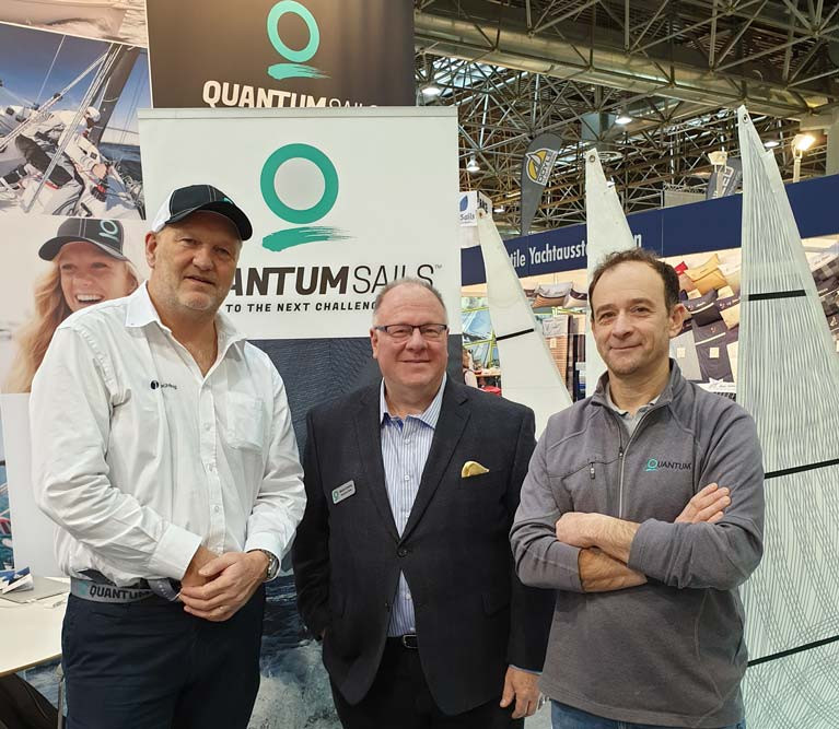 Mark Mansfield (left) with Mark Chellis (centre), Global Director Marketting for Quantum Sails international, and Yannick Lemonnier, at Dusseldorf Boat show last week.