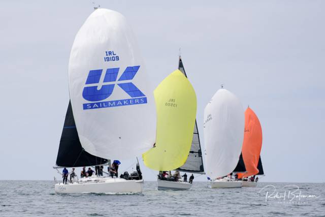 Howth Yacht Club's 'Outrajeous' (Richard Colwell and Johnny Murphy) leads the fleet downwind to overall victory in Class One of the Sovereign's Cup