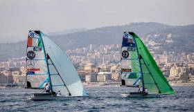 Annalise Murphy and Katie Tingle follow Australia&#039;s Natasha Bryant and Annie Wilmot at the Genoa Hempel World Cup Series in the 49erFX class