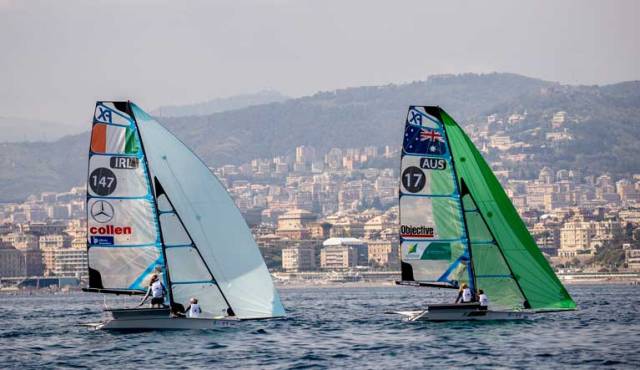 Annalise Murphy and Katie Tingle follow Australia's Natasha Bryant and Annie Wilmot at the Genoa Hempel World Cup Series in the 49erFX class