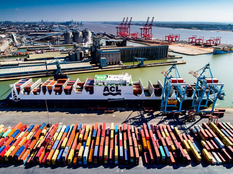 FILE IMAGE: Peel Ports Groups Liverpool (Terminal 1) where two new new ship-to-shore (STS) container cranes have been installed. A major client is Atlantic Container Line (ACL) linking North America-UK-Europe using the largest ever multipurpose container/ro-ro (con-ro)&#039;s ever built, ACL&#039;s  4th generation (G4) class. Among them Atlantic Sky (built 2016/100,430grt) which AFLOAT tracked today docked at the Merseyside port along with BG Emerald, an &#039;Ireland-Max&#039; containership which BG Freightline (part of the port&#039;s group) run feeder services to Belfast, Dublin and Cork with connections to mainland Europe. 