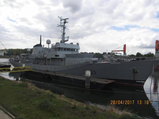 Former Irish Naval Service LE Aisling which was sold for €110,000 but is said to be back on market at €685,000. The vessel renamed Avenhorn was towed from Cork in late April and is seen above just after delivery voyage to Rotterdam.