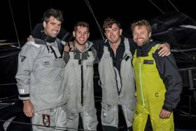 Nin O’Leary (left) and Alex Thomson (right) with their Hugo Boss shipmates Jack Trigger and Will Jackson in Valetta this morning after making a very good job of a tricky and often rugged Rolex Middle Sea Race 2017