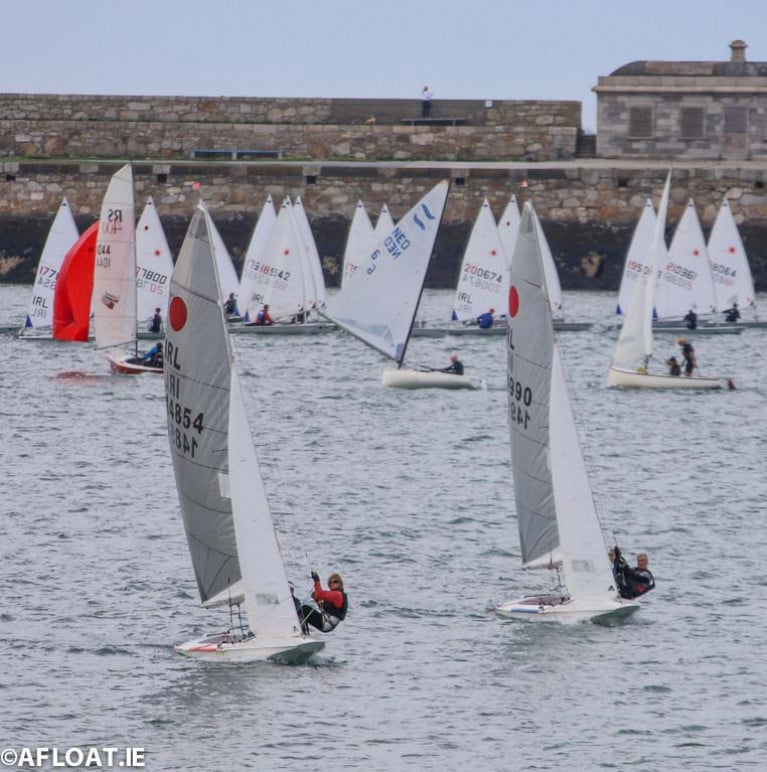 DMYC's Cariosa Power with Marie Barry in marginal trapeze conditions to leeward (IRL 14854) and Frank Miller and Neil Cramer in IRL 14990
