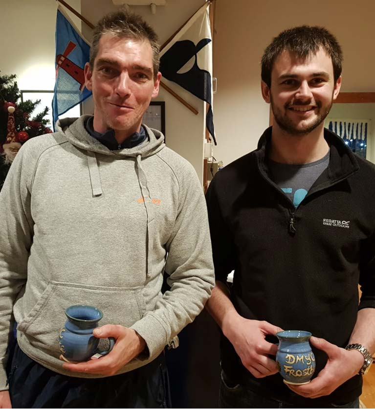Michael Ennis (L) and Josh Porter pick up their Frostbite Mugs for Race 2 in the DMYC PY Frostbite dinghy fleet