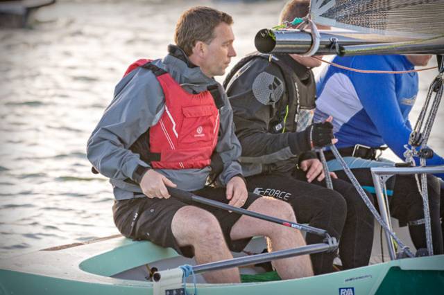 RCYC General Manager Gavin Deane was also helming a National 18 dinghy in the end of season crews race at Crosshaven