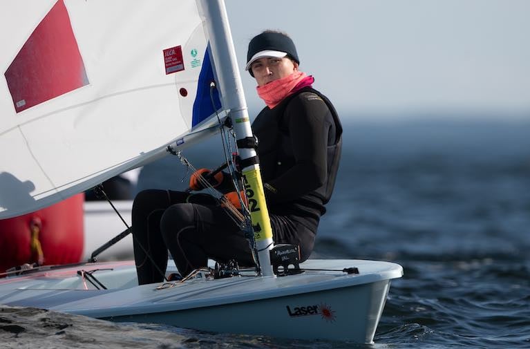 The National Yacht Club's Annalise Murphy in today's light winds on Gdansk Bay, Poland