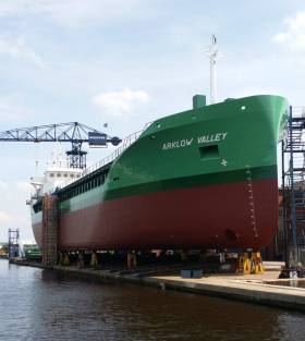 On the stocks: Arklow Valley, a 5150dwat Bodewes Eco-Trader which is the third cargoship to bear this name for the company. The 90m newbuild was launched this morning at Royal Bodewes yard, Hoogezand in the Netherlands