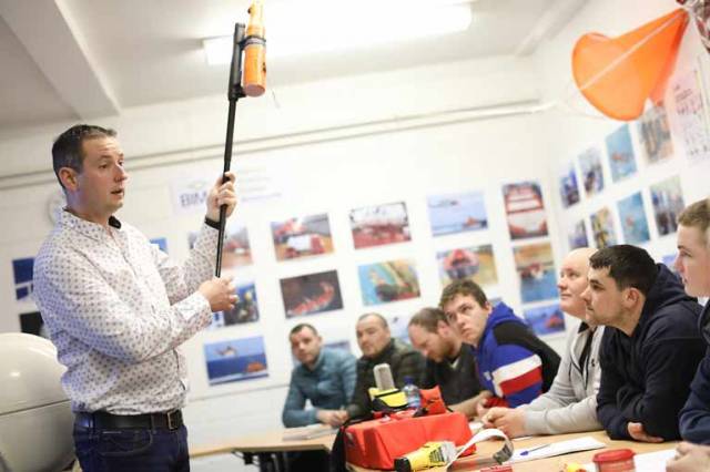Demonstration of a lifeboat Search & Rescue Radar Transponder (SART) to students at BIM National Fisheries College, Greencastle, Co Donegal.