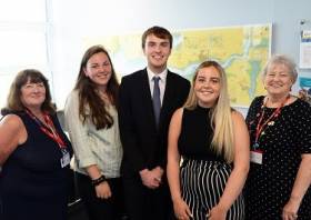 Last year&#039;s scholarship winners Jannah Kehoe, Matthew Dawes and Isobel Coombe with members of the panel Maxine Thomas and Pat James.