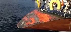 The poor condition of Moonduster&#039;s varnished stern. The full video on facebook (below) reveals the current state of the 1988 Round Ireland record holder
